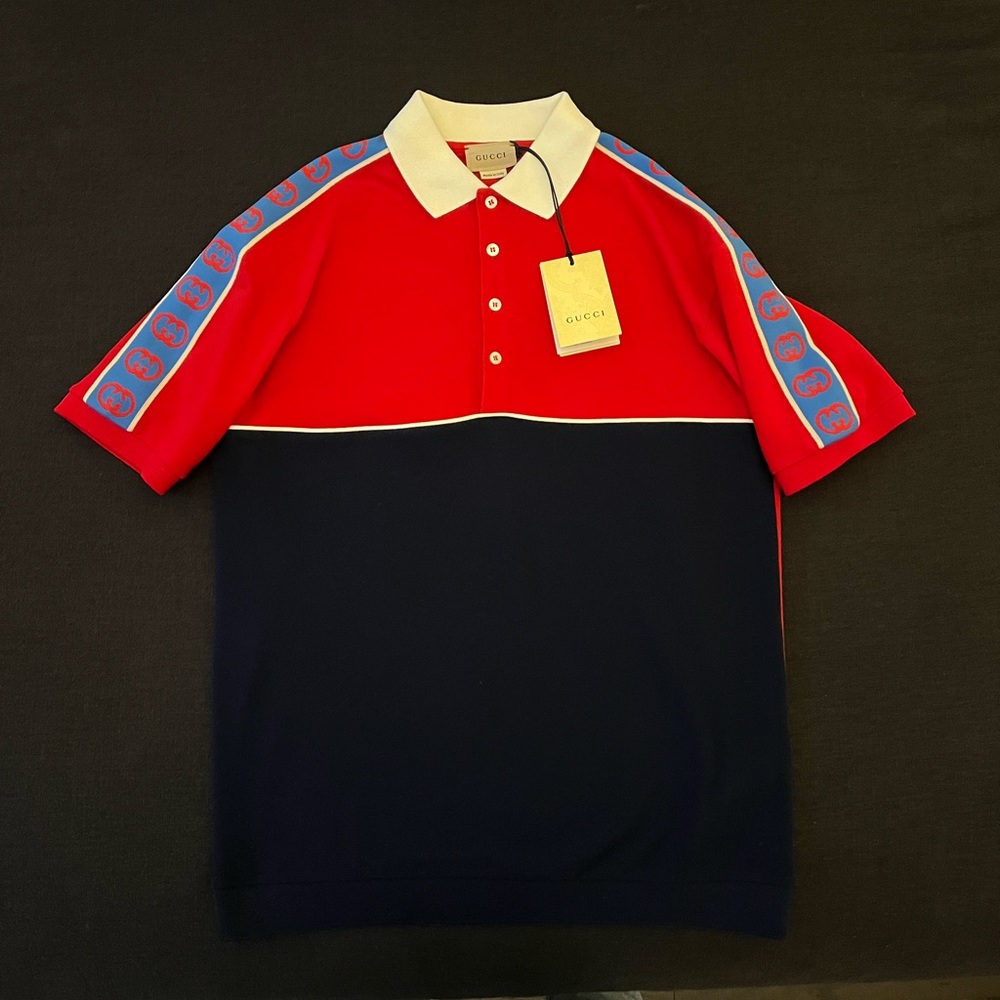 New authentic Gucci Kids polo shirt in navy/red with GG boys size 12